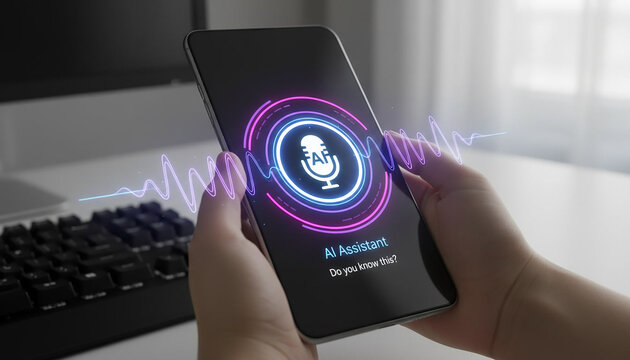 Advanced artificial intelligence voice assistant interface on smartphone screen with sound wave visualization and microphone icon on office desk setup