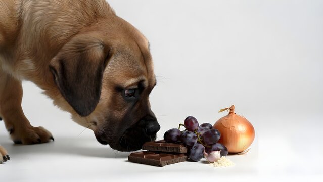 Dog sniffing grapes and onion, illustrating toxic human foods dangerous for dogs, isolated on white background, pet poisoning awareness concept.