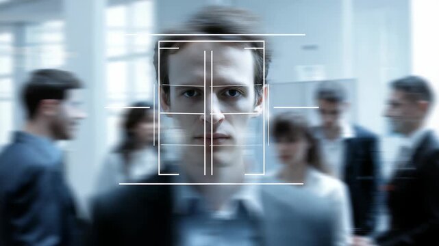 Facial recognition technology scans a young man's face in a busy urban environment, highlighting modern surveillance trends. Digital identification and privacy concerns are emphasized