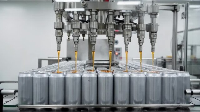 Focused medium shot of automated system filling sweetened tea into sleek slim cans under aseptic conditions emphasizing precision and modern beverage packaging technology.