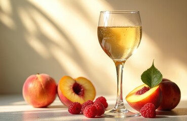 Glass of white wine with peach and raspberry. Soft sunlight creates warm shadows on neutral background. Refreshing summer drink with fresh fruit.