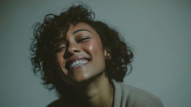Portrait of a joyful young woman with curly hair laughing and looking up, illuminated by soft natural light. Her radiant smile and relaxed expression convey happiness and positivity