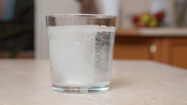 Effervescent aspirin tablet dissolving in a glass of water on a kitchen table, creating bubbles and fizz as it provides pain relief for a headache or hangover cure in a close-up view