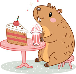 Cute Capybara Sitting at a Cafe Table with Cake and Milkshake