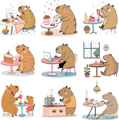 Fototapeta premium Cute Capybara Cafe Study and Remote Work Activities Character Set