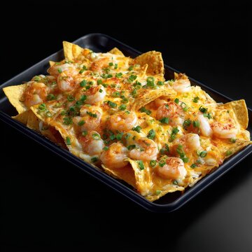 Cheesy Shrimp Nachos: Ultimate Mexican appetizer with golden melted cheddar cheese, succulent grilled shrimp, and fresh green onions on a black background, high contrast studio shot.