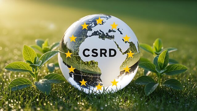 Transparent globe shows EU map, CSRD text CSRD" rests on dewy grass, encircled by EU stars&mdash;symbolizing the European Union&rsquo;s commitment to global sustainability and corporate transparency