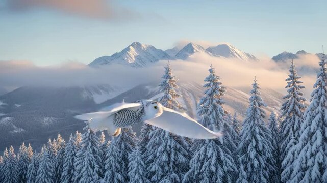 Snowy owl in flight over winter landscape