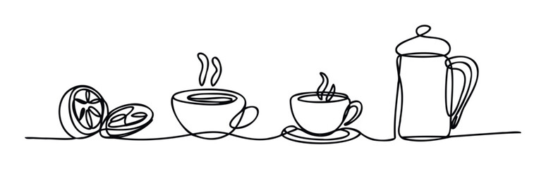 Fototapeta na wymiar Simple single line drawing depicting warm beverages such as coffee or tea alongside a fresh lemon slice, suitable for food service graphics and drink themed applications.