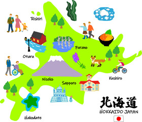 北海道旅行、手描きの観光スポットと観光客フラットイラスト