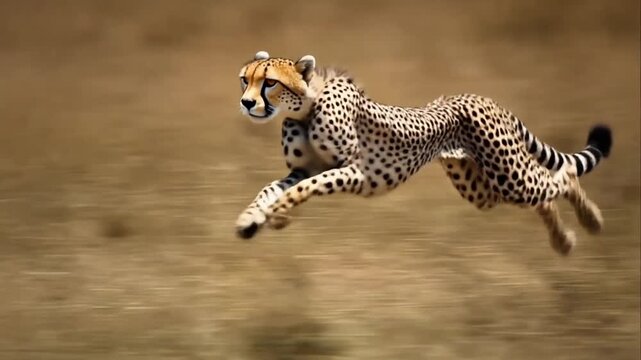 Majestic cheetah in a powerful, high-speed chase across the African savannah, showcasing incredible agility and the breathtaking essence of wild nature's swift predator in full stride