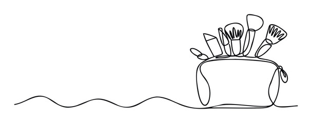 Minimalist continuous line drawing of various makeup brushes in a cosmetic bag, perfect for beauty industry promotions or salon interior decoration