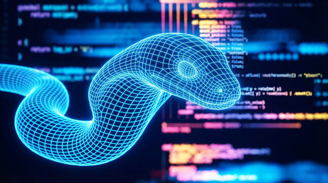 Blue wireframe python snake 3D render with glowing neon lines on a dark background featuring abstract programming code, symbolizing software development and artificial intelligence.