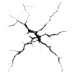 Concrete surface crack with radial fracture lines, isolated on transparent cutout background