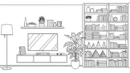Minimalist living room line drawing featuring a TV stand, large plant, and bookshelves filled with books and decor. A calm, organized atmosphere prevails.