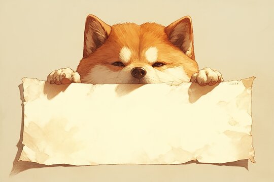 A dog looks over a blank paper sign with its front paws resting on it. The background is plain. The dog's expression is curious. It stands out as the main focus of the scene