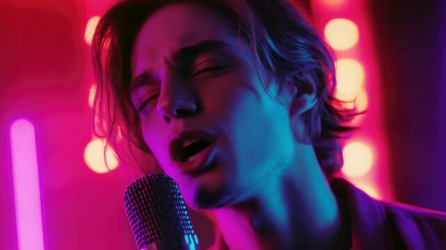 Singer emoting on stage with microphone, in vibrant lights. Concert atmosphere.