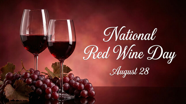 Two elegant wine glasses filled with red wine and a cluster of red grapes, celebrating "National Red Wine Day August 28" against a rich, textured red background.