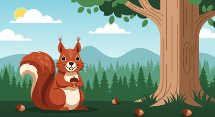 Charming vector illustration of a cute squirrel holding a nut in a serene forest setting with mountains in the background © PDWN Creative
