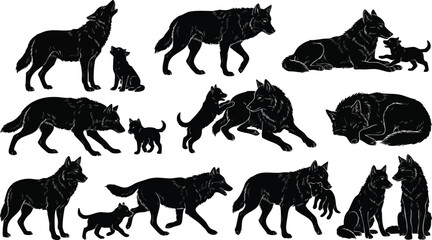 Collection of Wolf Silhouettes in Various Poses. © rama coloring studio