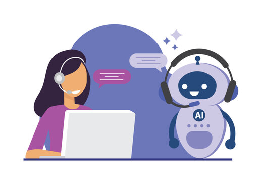 AI robot and human agent collaborating on customer support.