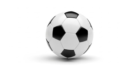Fototapeta premium Classic black and white soccer ball with traditional pentagonal and hexagonal panels, casting a subtle shadow on a clean white background, isolated for easy use.