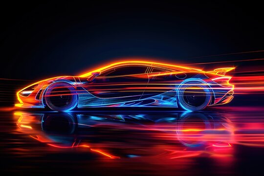 neon glowing illustration car is seen speeding on a dark surface. Bright lights create colorful trails as it moves quickly. scene highlights speed and modern design at night