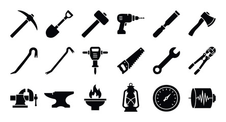 Obraz premium Collection of essential heavyduty construction, mining, and blacksmithing tools displayed as black silhouettes for industrial and laborrelated project applications.