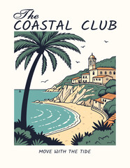 Obraz premium Hand drawn coastal scene with palm trees and gentle waves