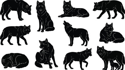 Collection of Black Wolf Silhouettes. © rama coloring studio