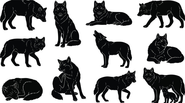 Collection of Black Wolf Silhouettes.