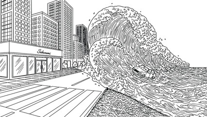 Obraz premium Massive wave engulfs car on city street, surrounded by tall buildings. Scene conveys chaos with buildings reflecting off calm water in contrast.