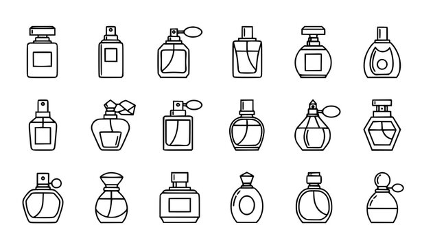 Minimal perfume bottle outline vector icon set