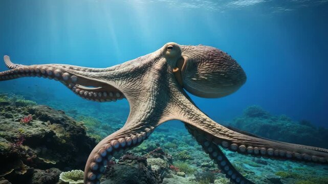 Underwater scene of a common octopus swimming in ocean habitat