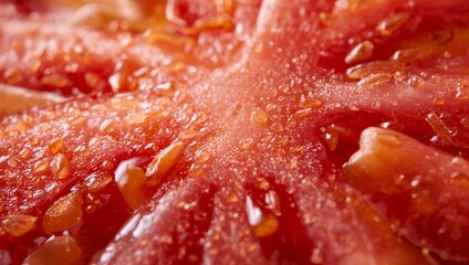 Macro shot of a juicy, ripe tomato, its seeds and pulp glistening with water droplets, offering a fresh, appetizing close-up