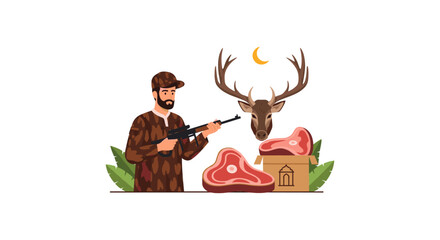 A hunter in camouflage holding a rifle stands beside deer meat and antlers under a crescent moon, symbolizing hunting and wilderness. © md