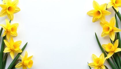 Yellow daffodils frame white space, perfect for seasonal greetings or spring decor. Green stems show fresh growth, adding natural beauty to any design project.