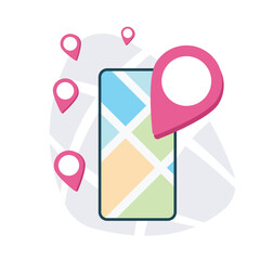 Smartphone Navigation App with Colorful Map Interface and Multiple Pin Locations Stock Illustration