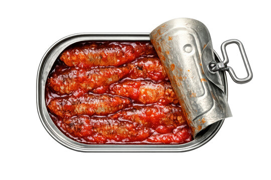 Canned sardines in tomato sauce, an open tin of preserved fish, ready-to-eat seafood product with pull-tab lid