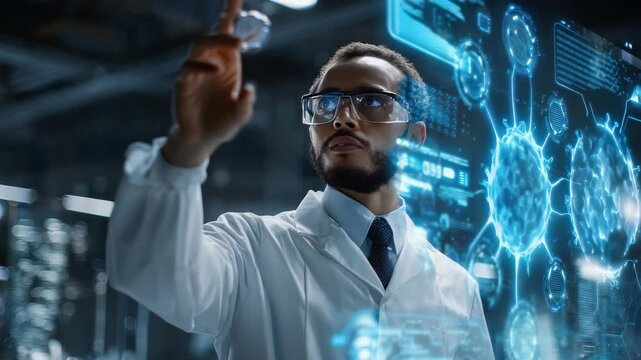 Confident scientist in white lab coat interacts with futuristic digital interface displaying molecular structures, data. Advanced laboratory technology empowers modern scientific research, innovation