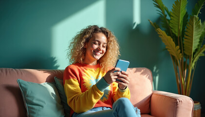 Young woman smiles brightly while using her phone on comfy sofa in modern living room. She wears colorful sweater, blue jeans, looking relaxed, happy. Natural light creates warm, inviting ambiance.