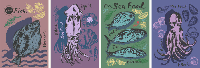 Hand drawn colored ink sketch of seafood, fish. Flounder squid octopus dorado tuna mackerel seashell mussels. For food background. © katyabogina