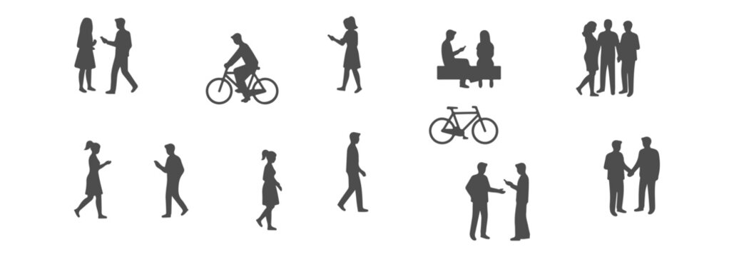 Minimalist People Silhouette Collection for Social and Urban Design; Vector Illustration of Friends Talking, Couples Meeting, and Individuals Using Smartphones for Architectural Entourage