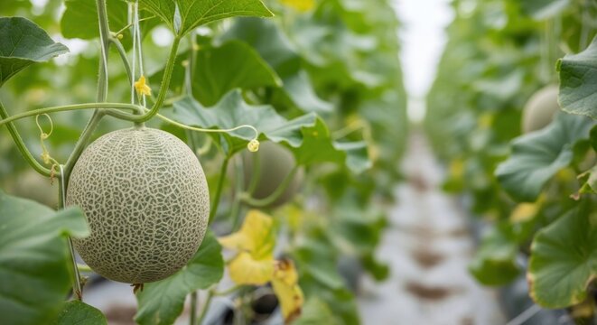 Cantaloupe melon growing in a greenhouse, close-up of a fresh fruit on a vine in a controlled environment.