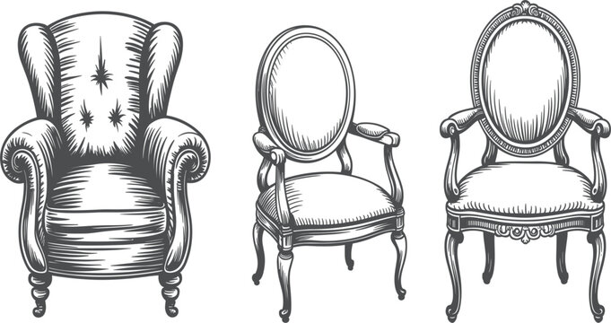 Vintage hand drawn classic armchair and elegant royal chairs collection set isolated on white background.