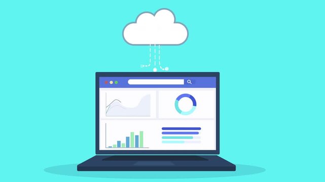 Flat vector animation of laptop displaying performance dashboard connected to cloud system, representing data monitoring, analytics reporting, and online technology workflow.
