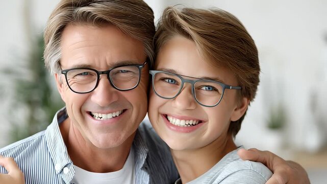 Portrait of father and teenage son wearing eyeglasses looking at camera, family vision care and eyewear concept