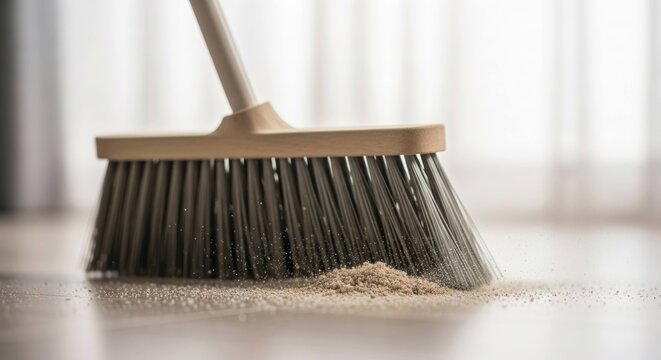 Close-up of a broom sweeping a pile of dust and debris on a light-colored floor.