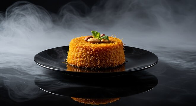 Koshari dish with nuts and mint on black plate smoke background