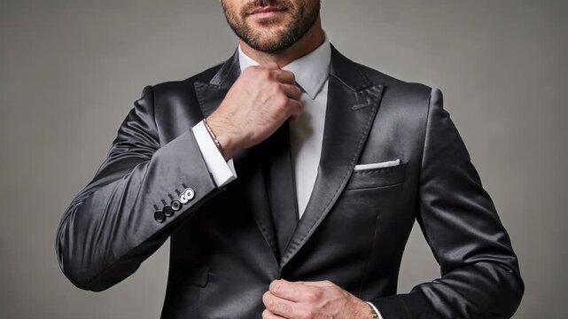 Tailored medium shot of a groom in a sharply cut satin suit featuring smooth fabric texture clean lapels and precise stitching for a polished formal look.